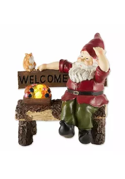 Summerfield Terrace Solar Gnome on Welcome Bench with Light-Up Jewels